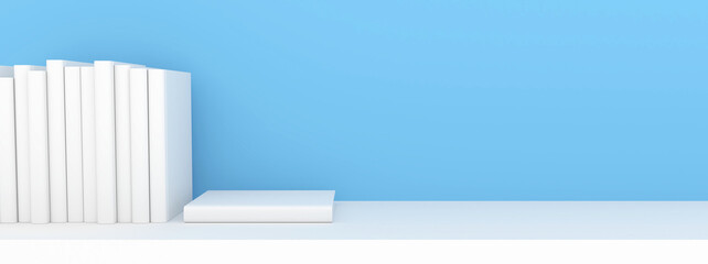 3D Scene banner Books placed on a white bookshelf on a blue background / 3D Render