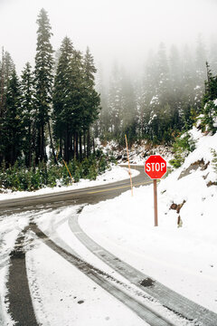 Swerving Car Tracks In Snow On Road Near Stop Sign