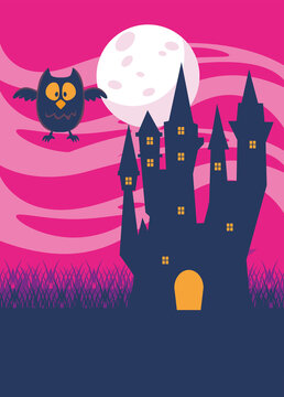 halloween dark haunted castle and owl in the night scene