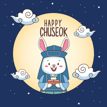 happy chuseok celebration with rabbit lifting sweet food in fullmoon