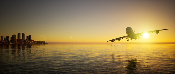 Business class travel concept, luxury private jet at sunset or sunrise. 3D illustration.
