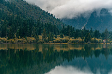 The mountain and lake landscape in autumn time, in Dagu glacier National Park, in Sichuan, China.
