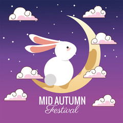 Fototapeta na wymiar mid autumn celebration card with rabbit and crescent moon