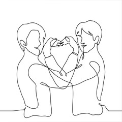 two friends folded their arms (forearms) in the shape of a heart. one continuous line drawing two people looking at the viewer smiling and showing a 