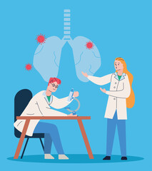 couple scientifics with microscope and lungs research vaccine covid19