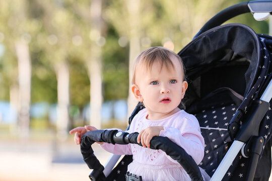 Cute funny baby in stroller outdoors
