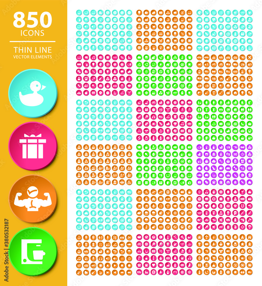 Poster set of high quality icons on circular colorful buttons with sahdows on white background . isolated v