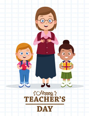 cute young teacher woman with little students girls