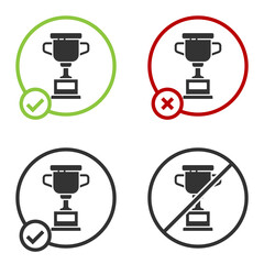 Black Award cup icon isolated on white background. Winner trophy symbol. Championship or competition trophy. Sports achievement sign. Circle button. Vector Illustration.