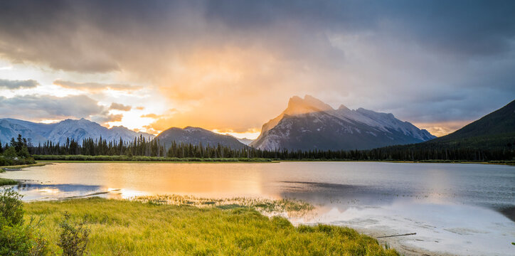 vermillion lake and snow mountains