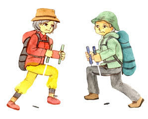 senior couple climbing a mountain