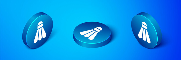 Isometric Badminton shuttlecock icon isolated on blue background. Sport equipment. Blue circle button. Vector Illustration.