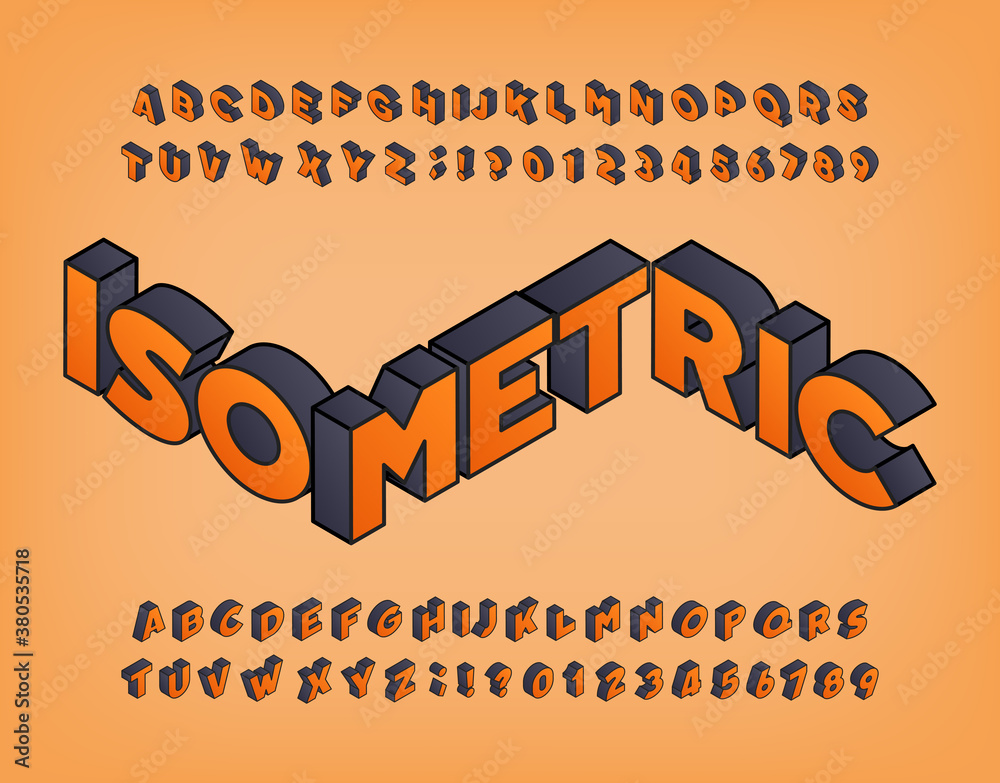 Fototapete isometric alphabet font. 3d effect simple letters and numbers in shaded colors. stock vector typescr