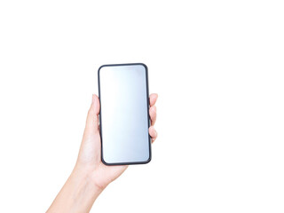 Woman holding smartphone with blank screen