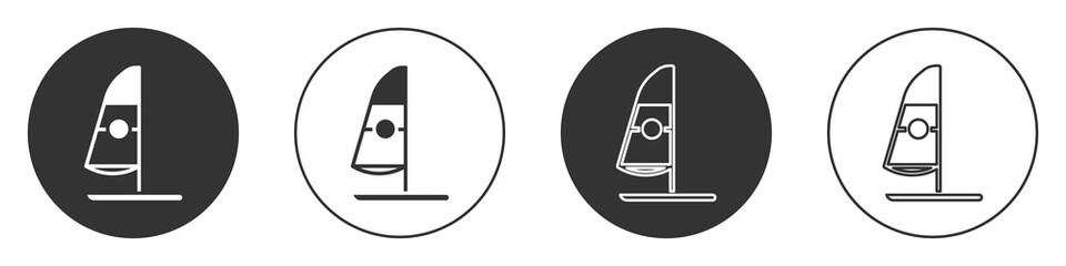 Black Windsurfing icon isolated on white background. Circle button. Vector Illustration.