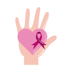 breast cancer awareness month, hand with heart pink ribbon, healthcare concept flat icon style