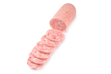 Boiled sausage isolated on white background. Slices.