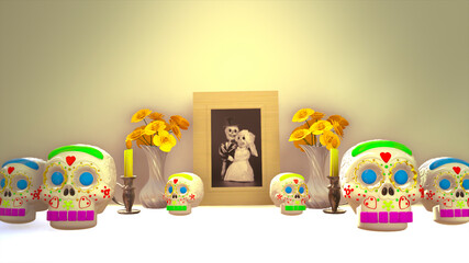 Obraz premium A traditional Day of the dead, Mexican ofrenda with a picture of skulls 3D illustration on a white table