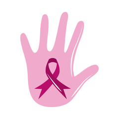 breast cancer awareness month, pink hand with ribbon campaign, healthcare concept flat icon style