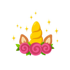 Unicorn wreath with roses. Shiny pony horn. Vector illustration in cute cartoon style