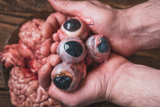 human hands holds the eyes cow against pink brain background before cooking