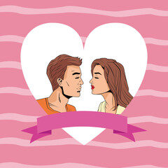 young couple in heart pop art style characters