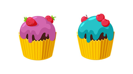 Cupcake with cherry and strawberry. Muffin in paper cup. Tasty dessert with shiny frosting. Vector illustration in cute cartoon style