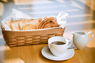 bread in the basket with coffee