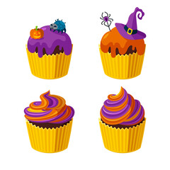 Halloween cupcakes with spiders, witch hat and spiral frosting. Desserts for Halloween party. Vector illustration in cute cartoon style