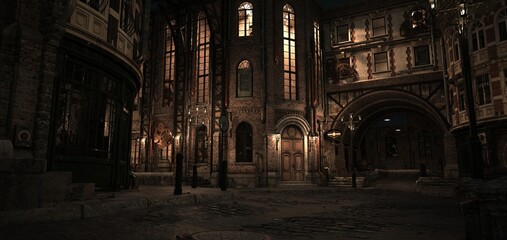 Steampunk scene. Night in the ancient city. Lanterns illuminating old brick buildings. Beautiful night cityscape. Photorealistic 3D illustration.