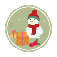 Vector Christmas illustration of greeting card in a frame. Snowman with gifts