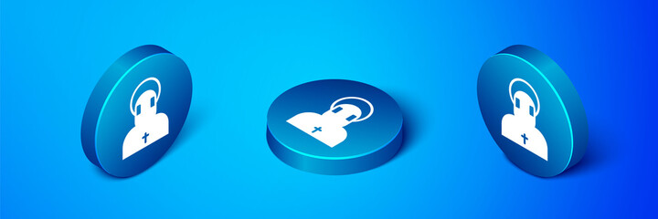 Isometric Monk icon isolated on blue background. Blue circle button. Vector.