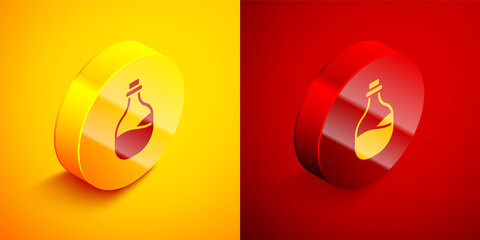 Isometric Old bottle of wine icon isolated on orange and red background. Circle button. Vector.