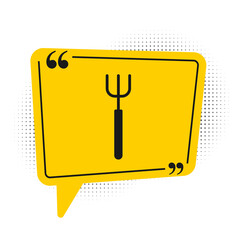 Black Garden pitchfork icon isolated on white background. Garden fork sign. Tool for horticulture, agriculture, farming. Yellow speech bubble symbol. Vector.