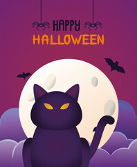 halloween cat black and lettering with moon and bats flying