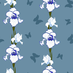 Seamless pattern with iris flowers and butterflies