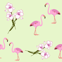 Seamless vector summer illustration with flamingos and iris flowers.