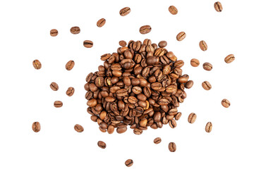 Coffee beans isolated on white background. Close up coffee beans isolated over white with clipping path. Freshly roasted dark brown arabica coffee beans isolated.