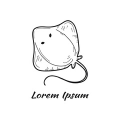 Vector illustration with cute hand drawn stingray. Marine animals collection. Outline sketch. May use as a coloring page