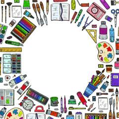 Composition with cute hand drawn art tools including pencils; pens; watercolor; eraser; pastel; brush; and others. Vector hand drawn art collection