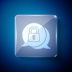 White Cyber security icon isolated on blue background. Closed padlock on digital circuit board. Safety concept. Digital data protection. Square glass panels. Vector.