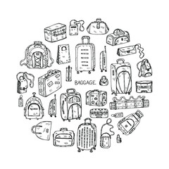 Round composition  with cute hand drawn baggage icons. Different types of travel bags. Vector collection