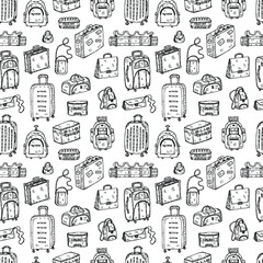Seamless pattern with cute hand drawn baggage icons. Different types of travel bags. Vector collection