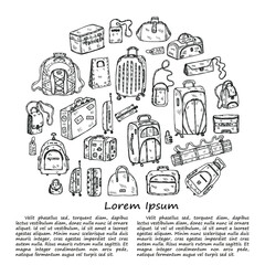 llustration with cute hand drawn baggage icons. Different types of travel bags. Vector collection