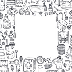 Card template with cute hand drawn bathroom icons. Vector doodle collection