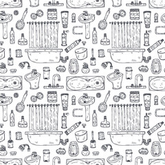 Seamless pattern with cute hand drawn bathroom icons. Vector doodle collection
