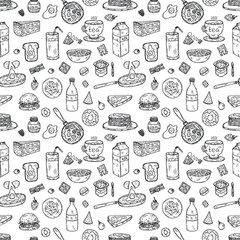 Seamless pattern with cute hand drawn breakfast icons. Doodle vector collection. Food illustration