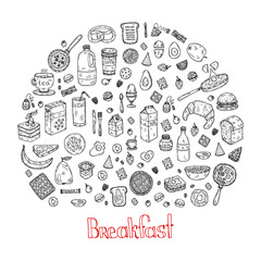 Composition with cute hand drawn breakfast icons. Doodle vector collection. Good morning food illustration