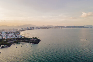 Fototapeta premium The cable car at Nha Trang beach. Aerial view from drone