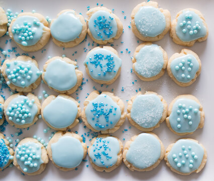 Homemade frosted cookies in shades of blue